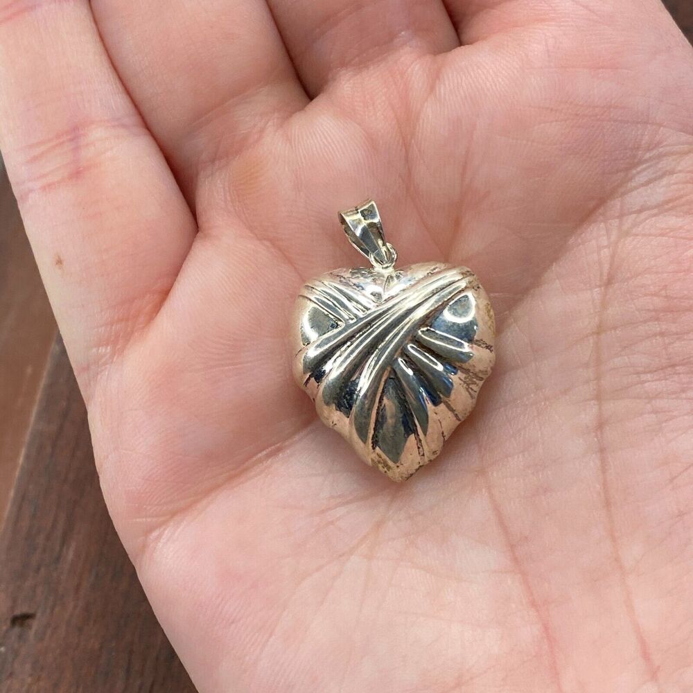 Vintage 925 Sterling Silver Large Ribbon Wrapped Puffy Heart Pendant Charm